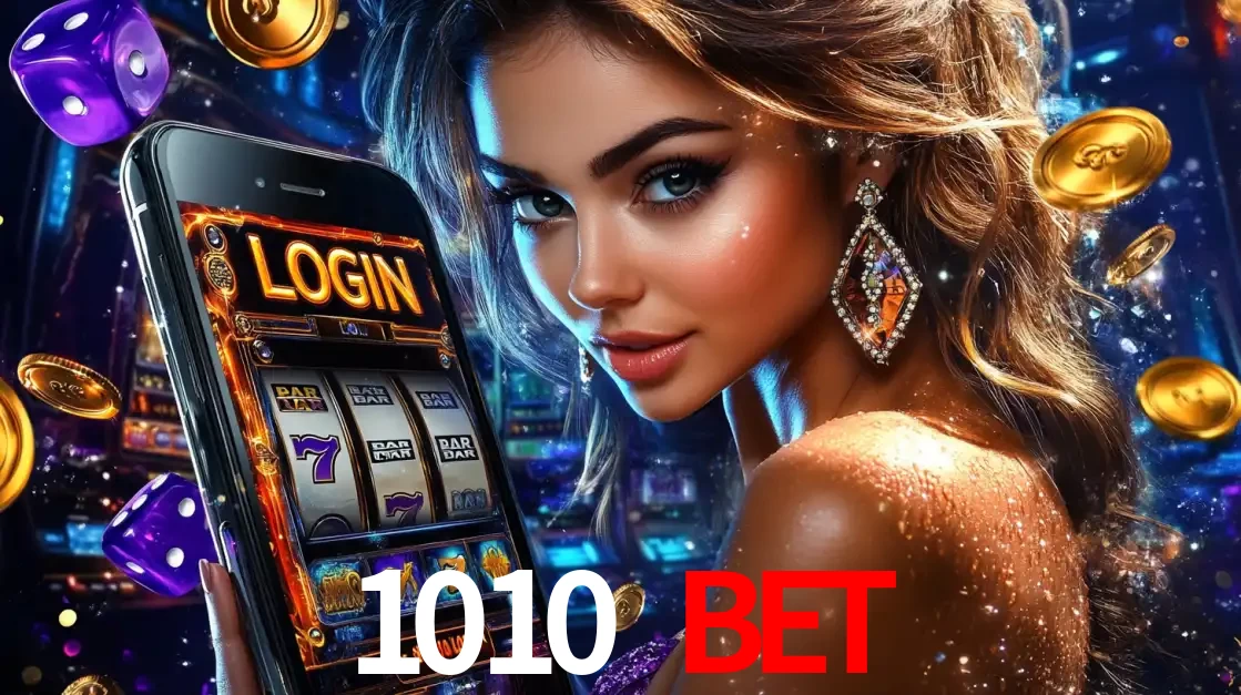 Mulher glamorosa segurando um smartphone com a tela de login para os jogos de caça-níqueis do cassino online 1010 bet, com moedas de ouro e dados ao redor.