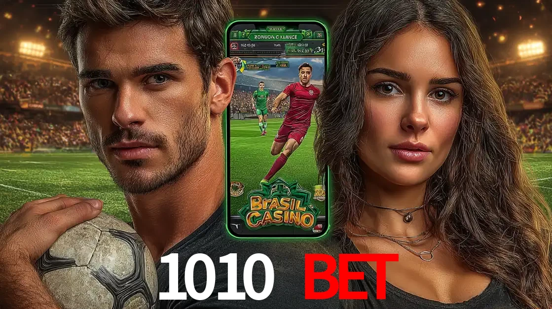 Homem segurando uma bola de futebol e uma mulher ao lado de um smartphone exibindo o jogo de apostas esportivas da 1010 bet. Faça seu palpite no cassino online.